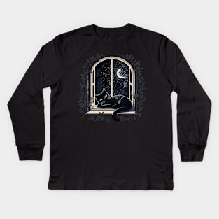 Black Cat Moonlit Night Kids Long Sleeve T-Shirt